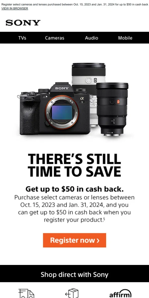 Email from Sony. The Clock’s Ticking | Get Up to $50 in Cash Back