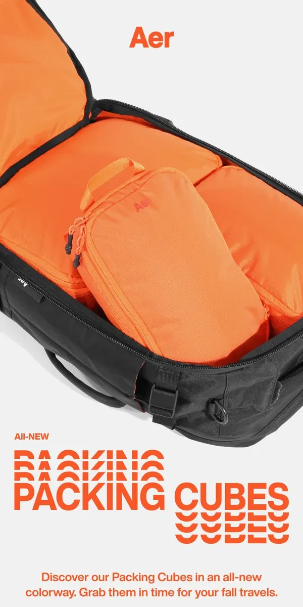 Email from Aer. New for fall: Packing Cubes