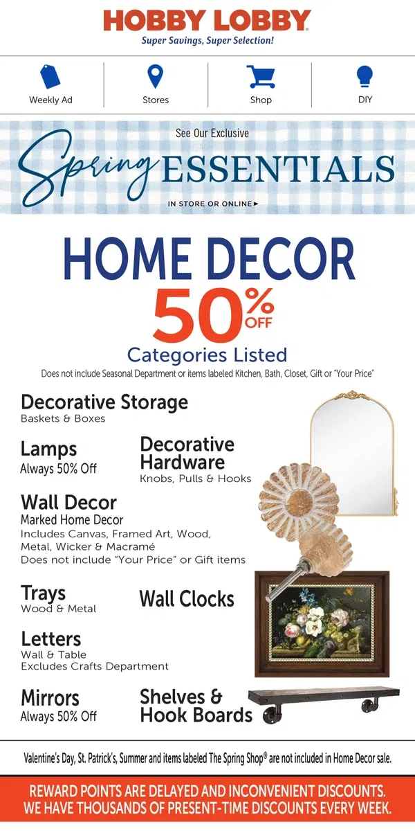 Email from Hobby Lobby. Last Minute – 40% Off Valentine Party, Crafts & Decor