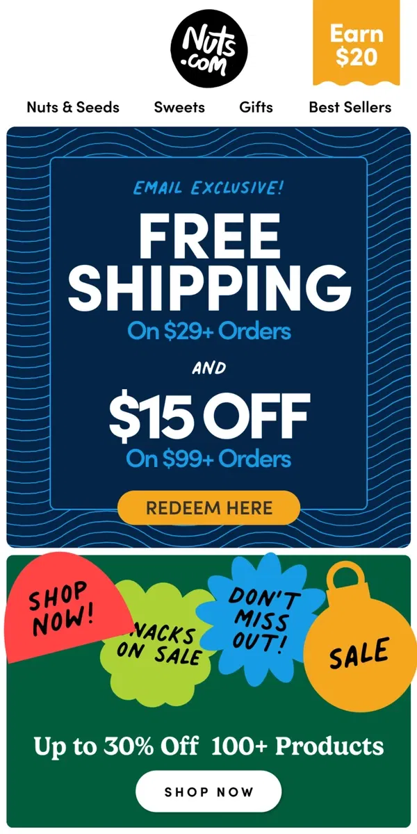 Email from Nuts.com. EMAIL EXCLUSIVE: $15 OFF & Free Shipping