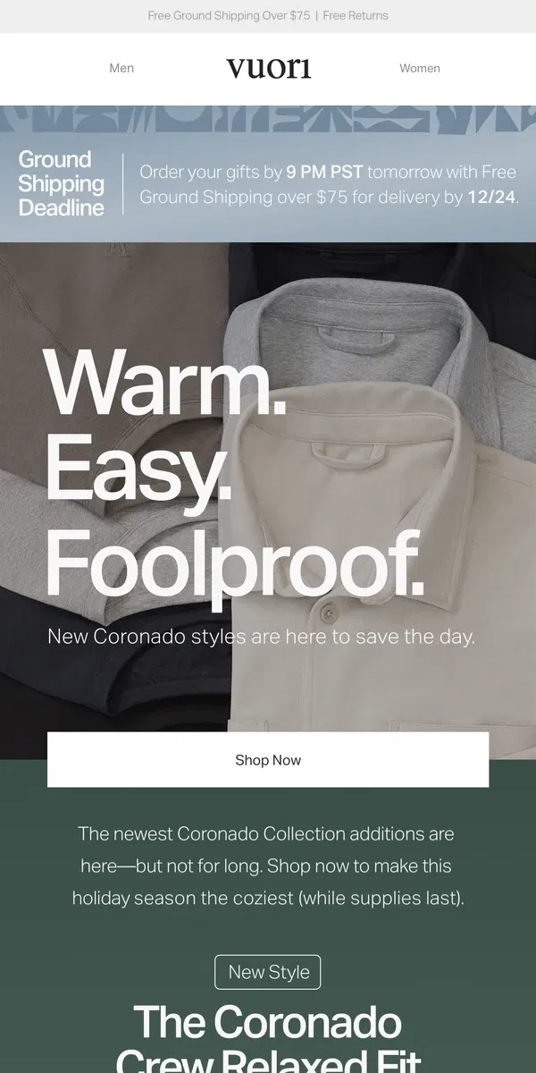 Email from Vuori. Just Dropped: New Coronado Styles