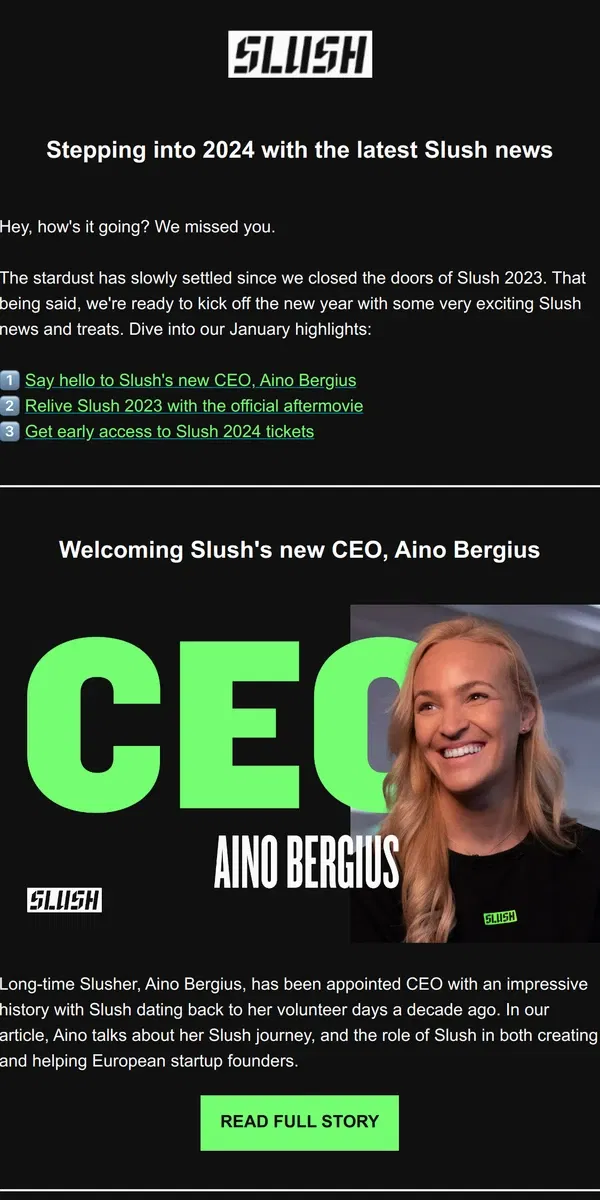 Email from Slush. Slush's New CEO & Slush 2023 Aftermovie