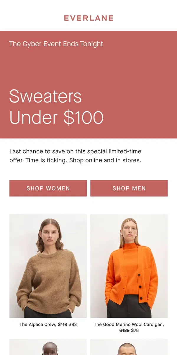 Email from Everlane. Last Chance: Up to 50% Off Almost Everything