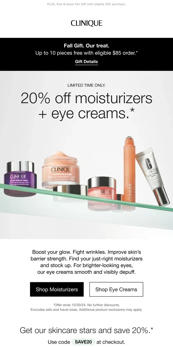 Email from Clinique. 💦Skincare reset💦 20% off moisturizers + eye creams.