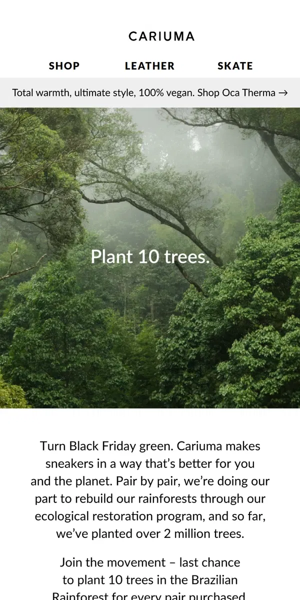 Email from Cariuma. LAST CHANCE TO PLANT 10