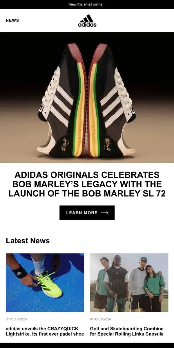 Email from Adidas. adidas Originals Celebrates Bob Marley’s Legacy with the Launch of the Bob Marley SL 72