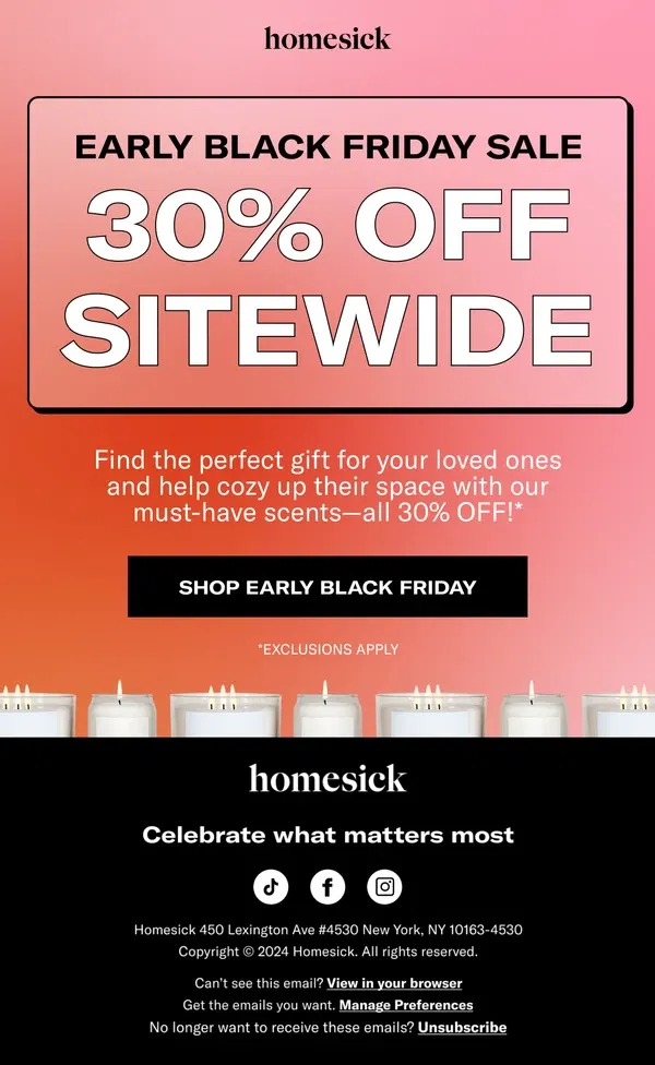 Email from Homesick Candles. Take 30% OFF your holiday wishlist