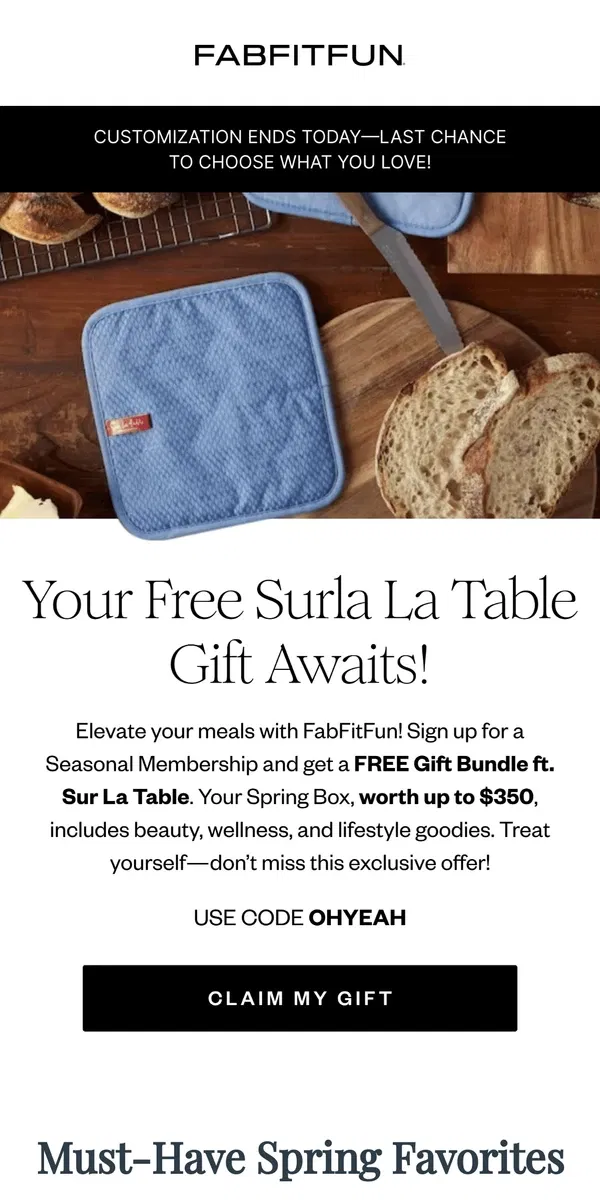 Email from FabFitFun. FREE Gift Bundle featuring Sur La Table?