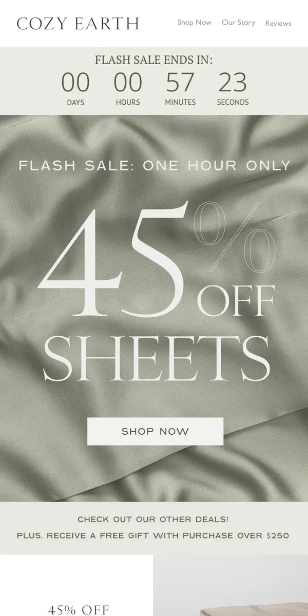 Email from Cozy Earth. 45% OFF SHEETS IS BACK