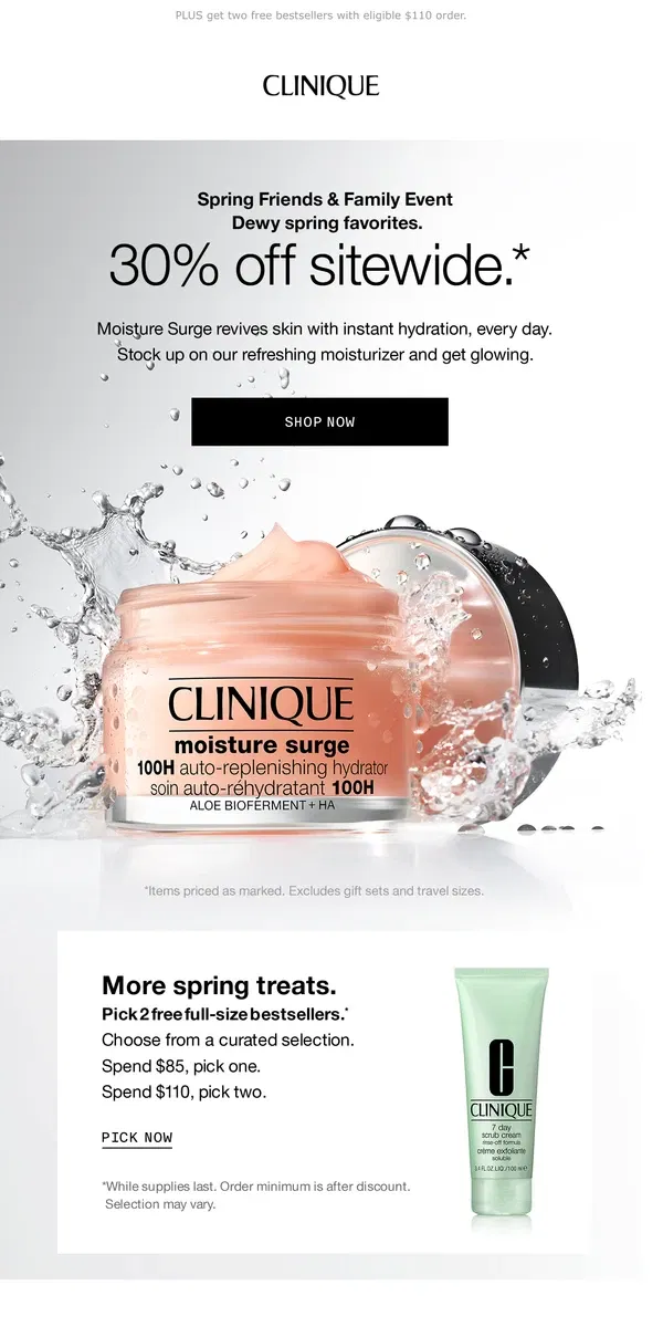 Email from Clinique. To dew: keep skin hydrated ✅ 30% off Moisture Surge.