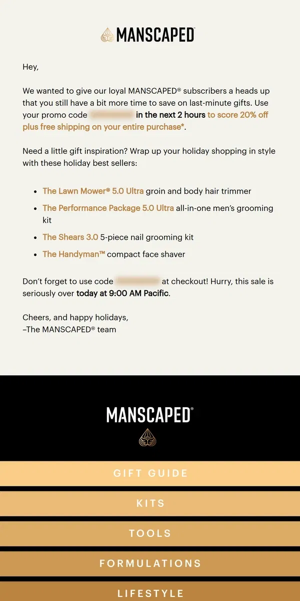 Email from MANSCAPED. Pssst 🤫 we kept code SILVERBELLS active for you