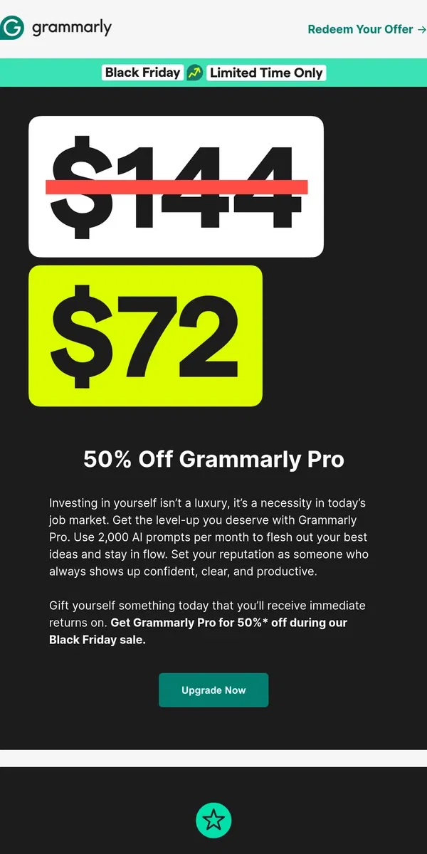 Email from Grammarly. 📈 Level up your new year with 50% off Pro