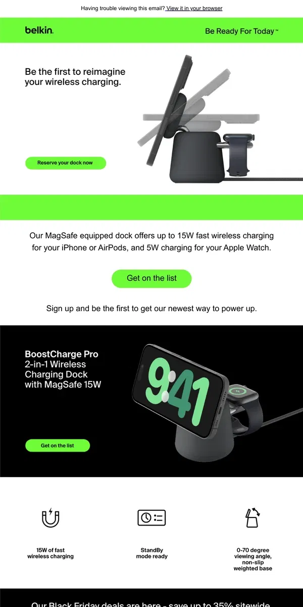 Email from Belkin. Reserve your dock now | Your new way to charge, display, and more is coming