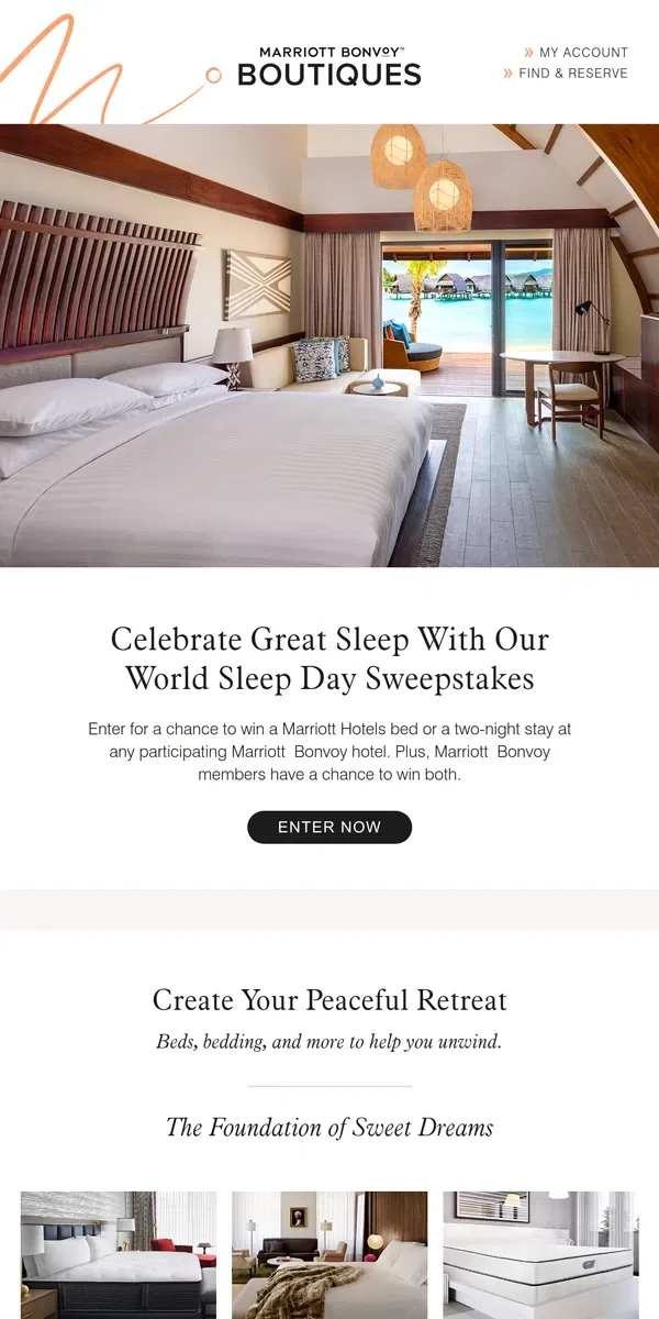 Email from Marriott Bonvoy. Enter to Win a 2-Night Stay or Marriott Hotels Bed during our World Sleep Day Sweepstakes