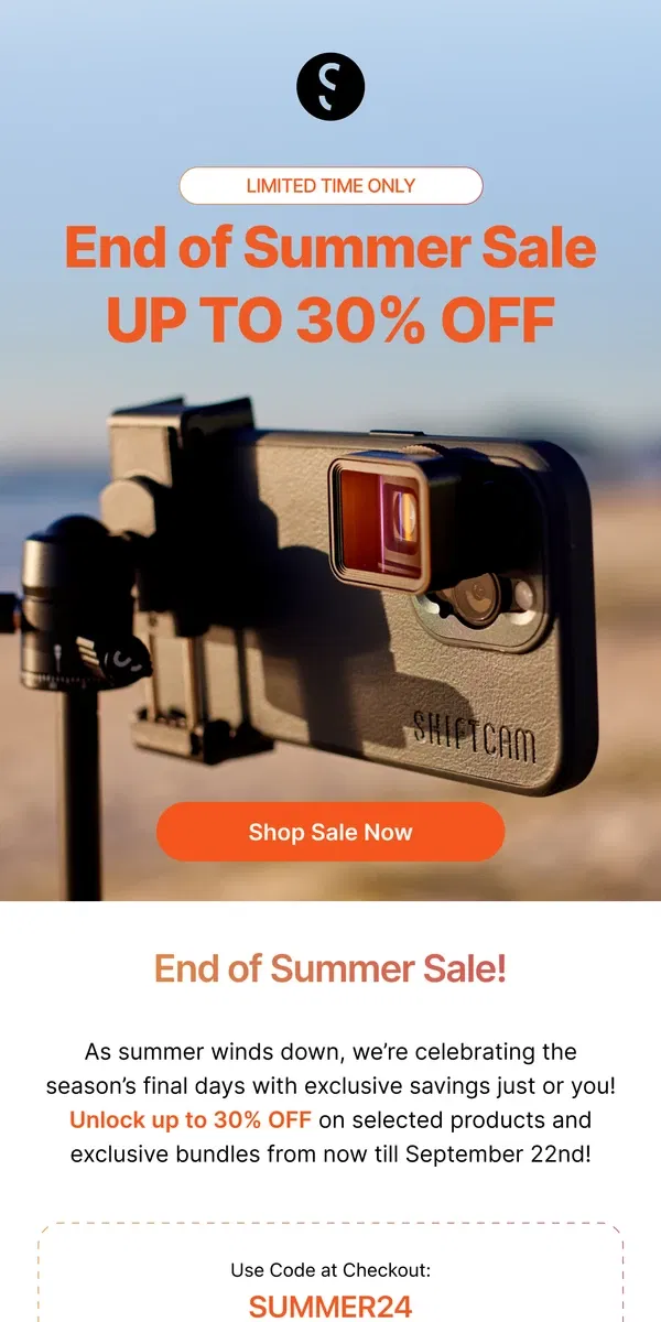 Email from ShiftCam. Up to 30% OFF – End of Summer Sale