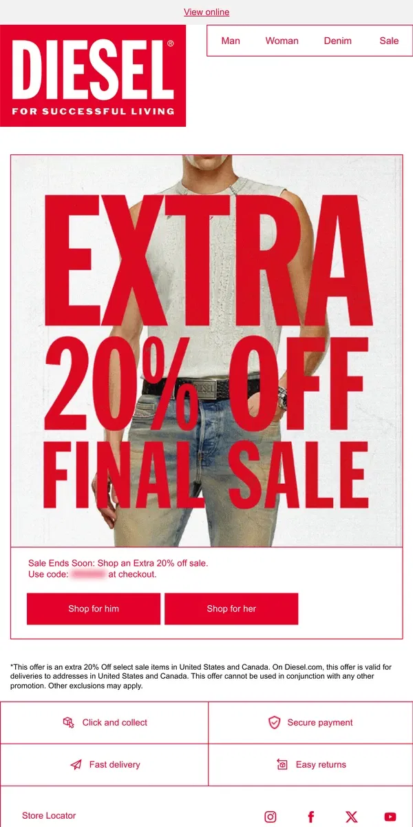 Email from Diesel. Extra 20% Off Sale Ends Soon