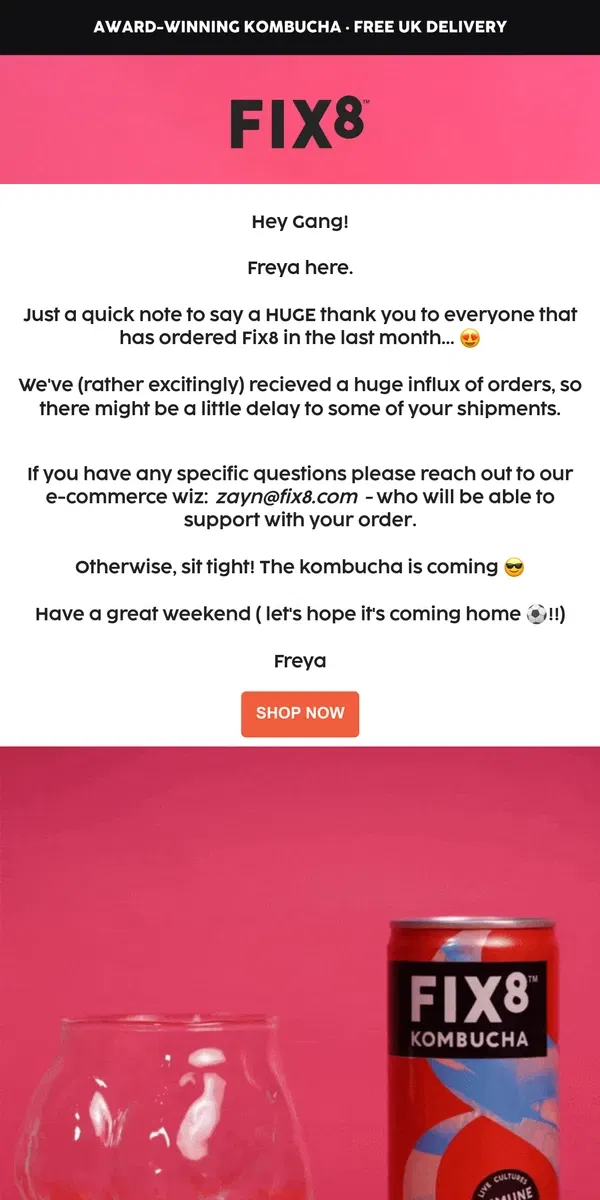 Email from FIX8. Recently ordered? You aren't alone! 🥳