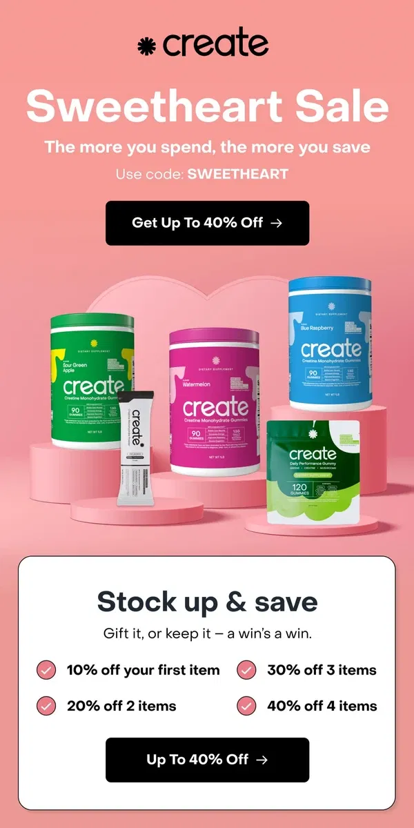 Email from Create Wellness. Starts Now: Up to 40% off