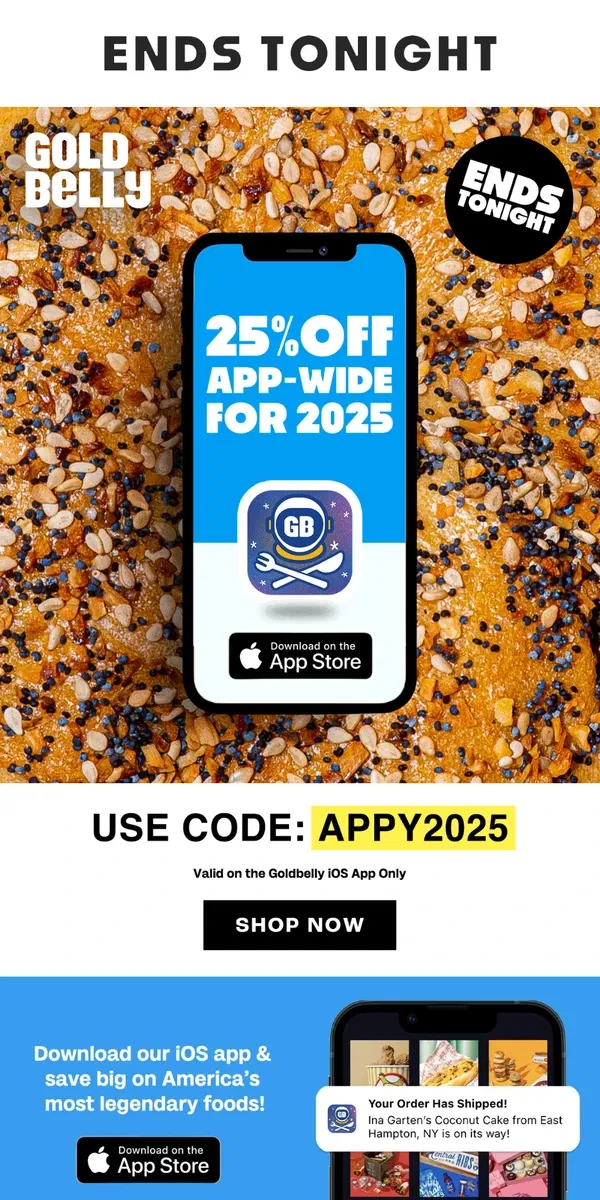 Email from Goldbelly. 25% OFF App-Only Sale ENDS TONIGHT!