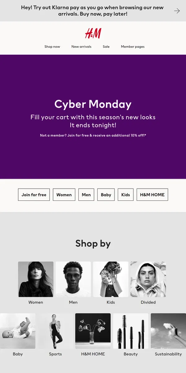 Email from H&M. 30% off! Cyber Monday is in full swing.