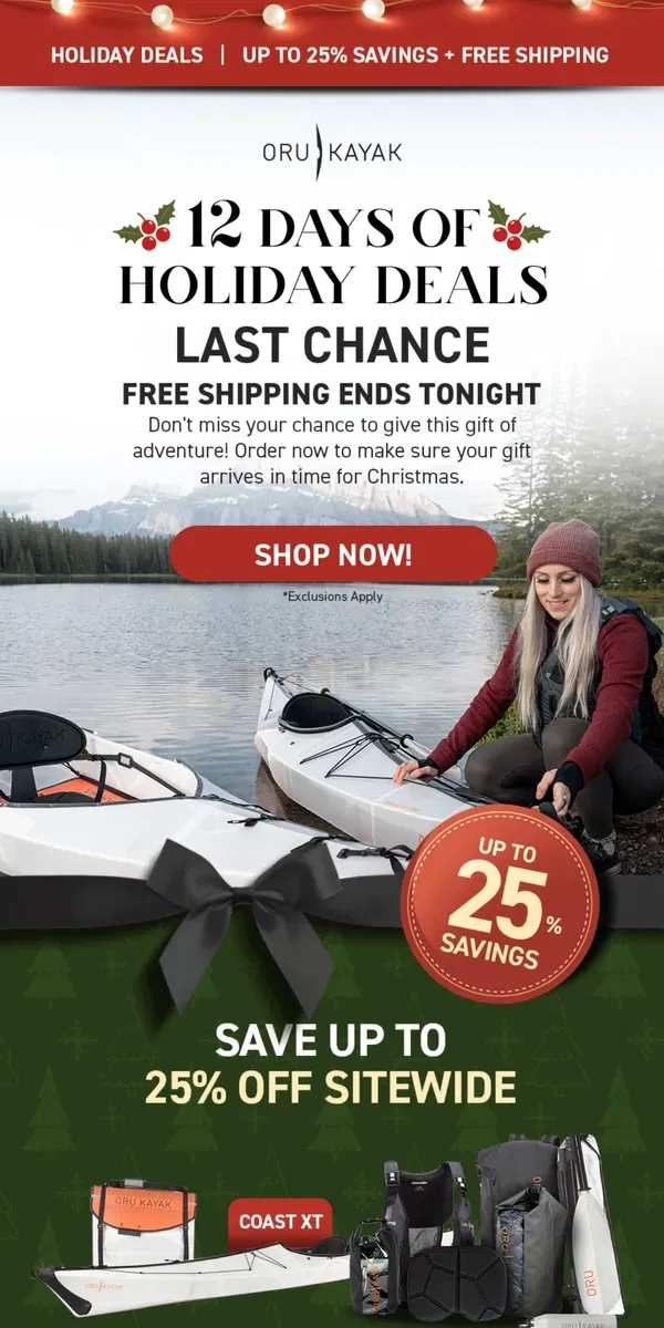 Email from Oru Kayak. Last Call: Free Shipping Ends Tonight ⏰