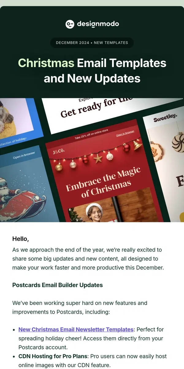 Email from Designmodo. Celebrate the Season with New Christmas Email Templates and Exciting Postcards Updates