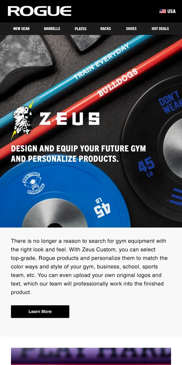 Email from Rogue Fitness. Zeus - Design and Equip Your Future Gym & Personalize Products