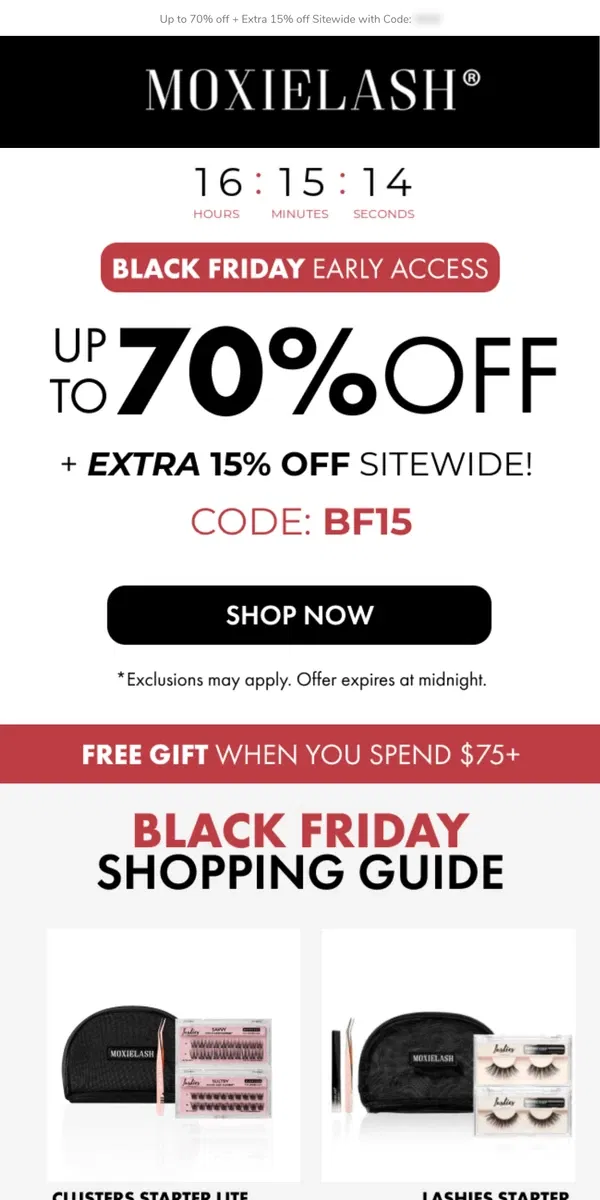 Email from MoxieLash. Black Friday Early Access: 70% OFF + 15% EXTRA!