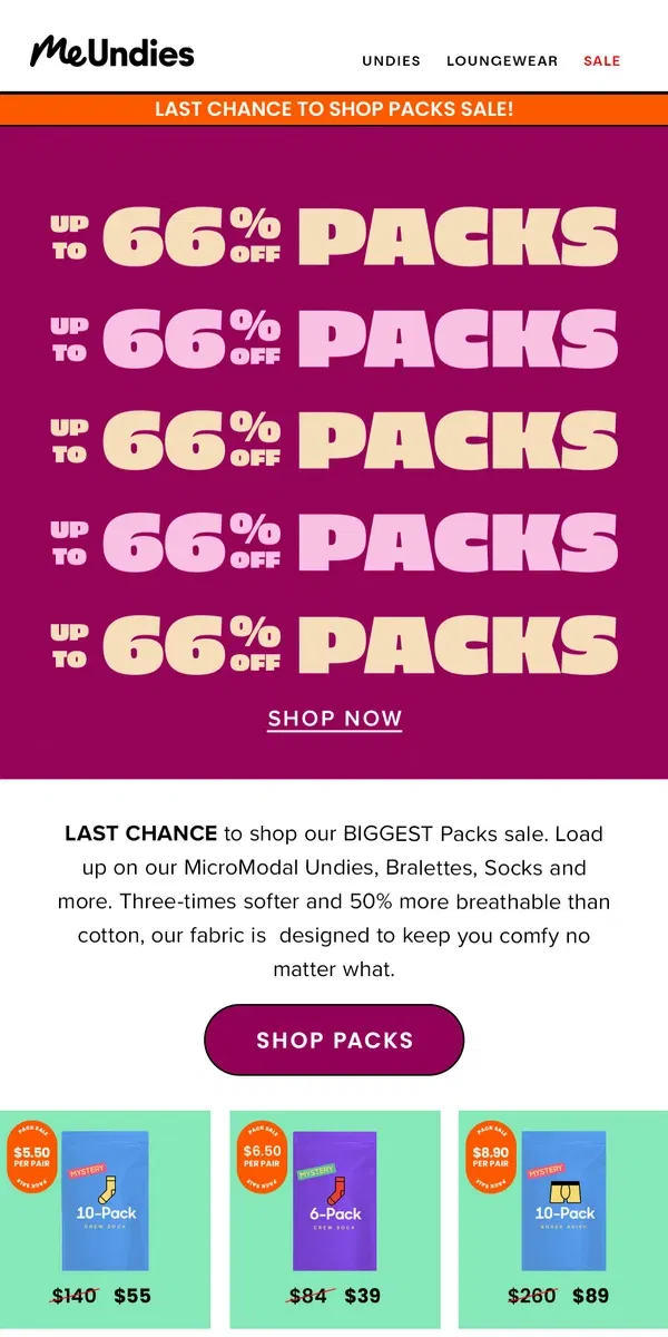 Email from MeUndies. LAST CHANCE 😱 Up To 66% off Packs