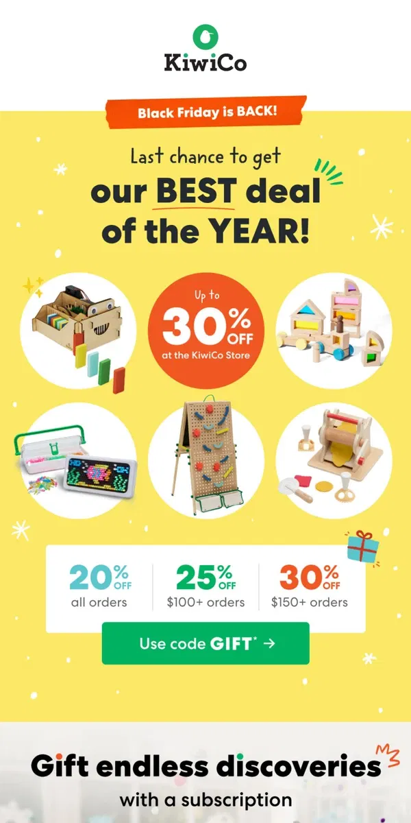 Email from KiwiCo. Up to 30% off gifts for every kid on your list