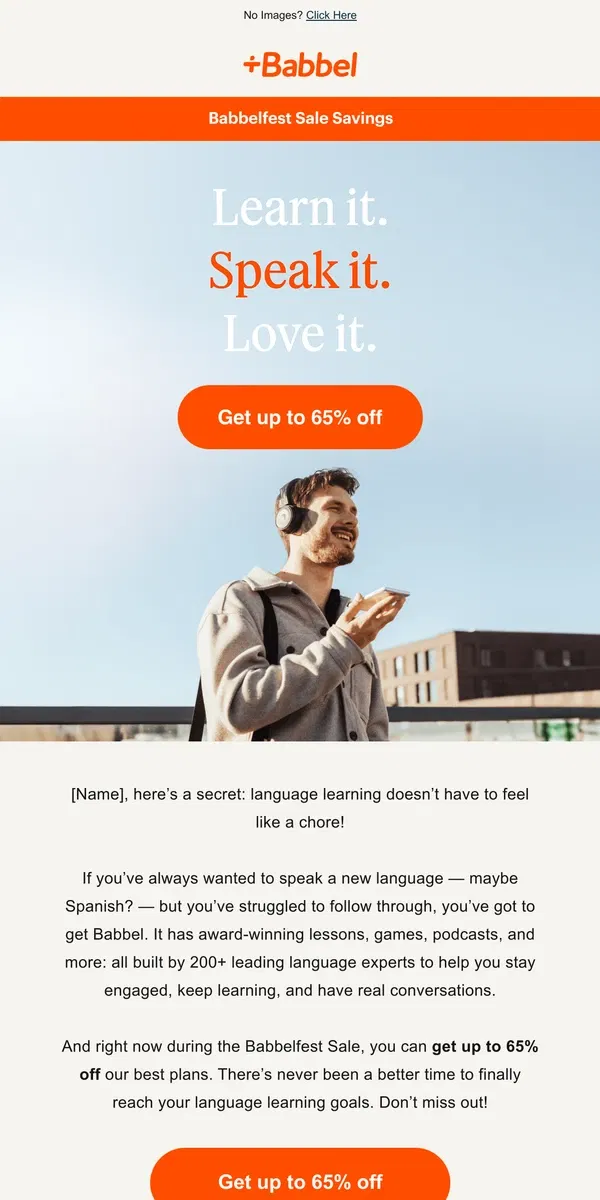 Email from Babbel. Surprise 🎉 Get up to 65% off Babbel, just for you!