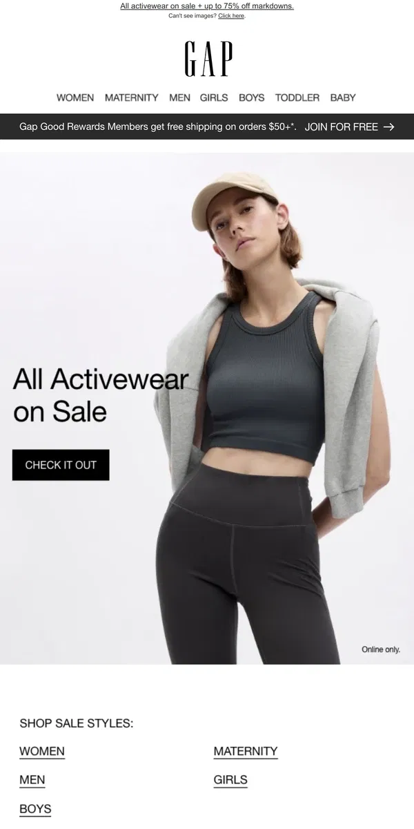 Email from GAP. Markdowns up to **75% OFF** + ALL activewear on SALE