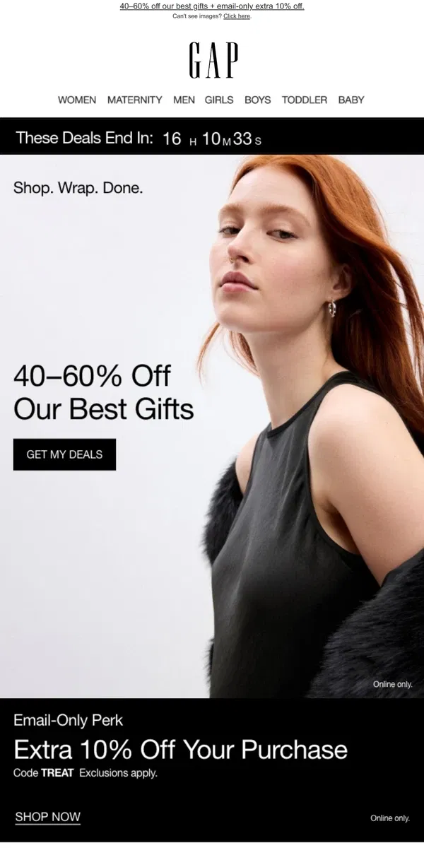 Email from GAP. Your final invitation is here: 40–60% off + extra 10% ends soon!