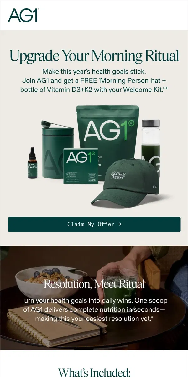 Email from AG1 by Athletic Greens. FREE Limited Edition Morning Person Hat And Welcome Kit