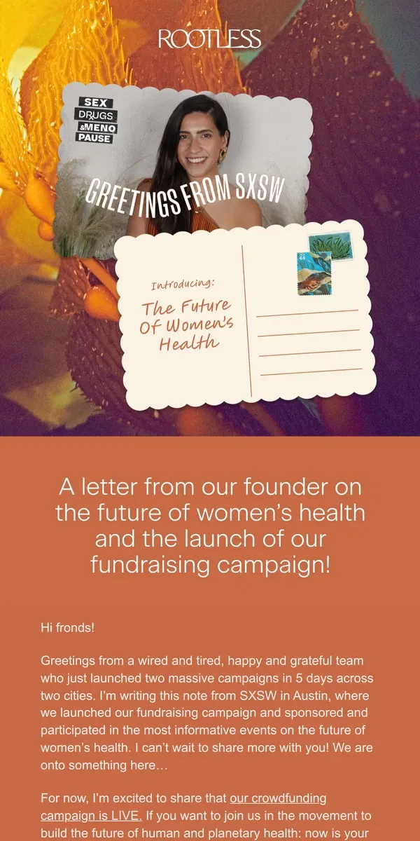 Email from Rootless. Invest in the future of women's health today