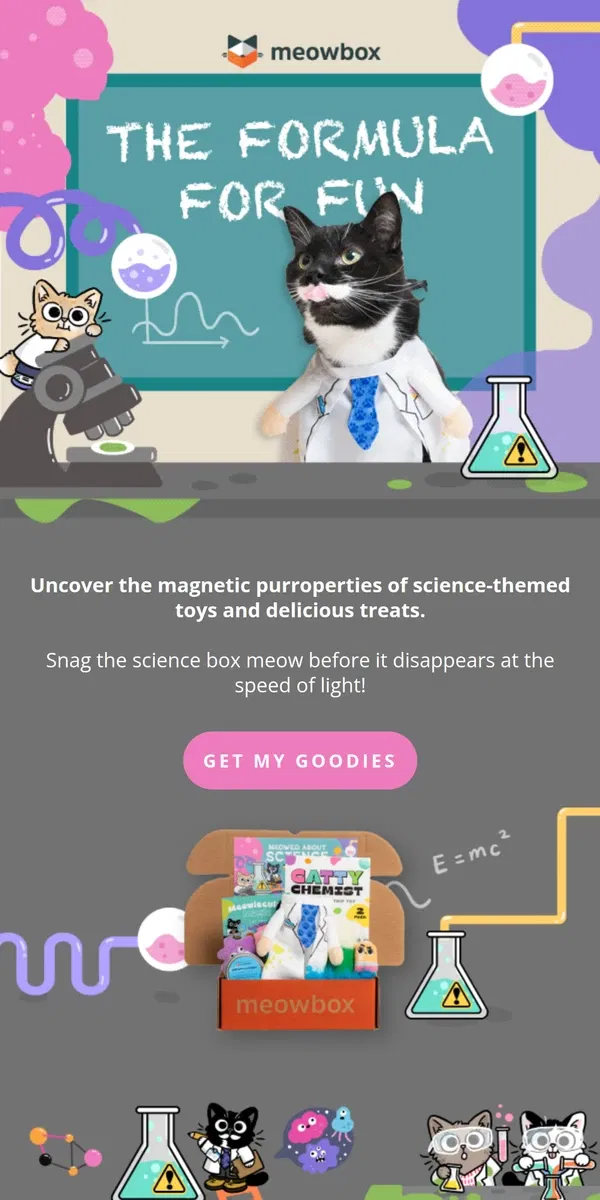 Email from meowbox. New theme just landed: Meowd About Science 🧪 🦠