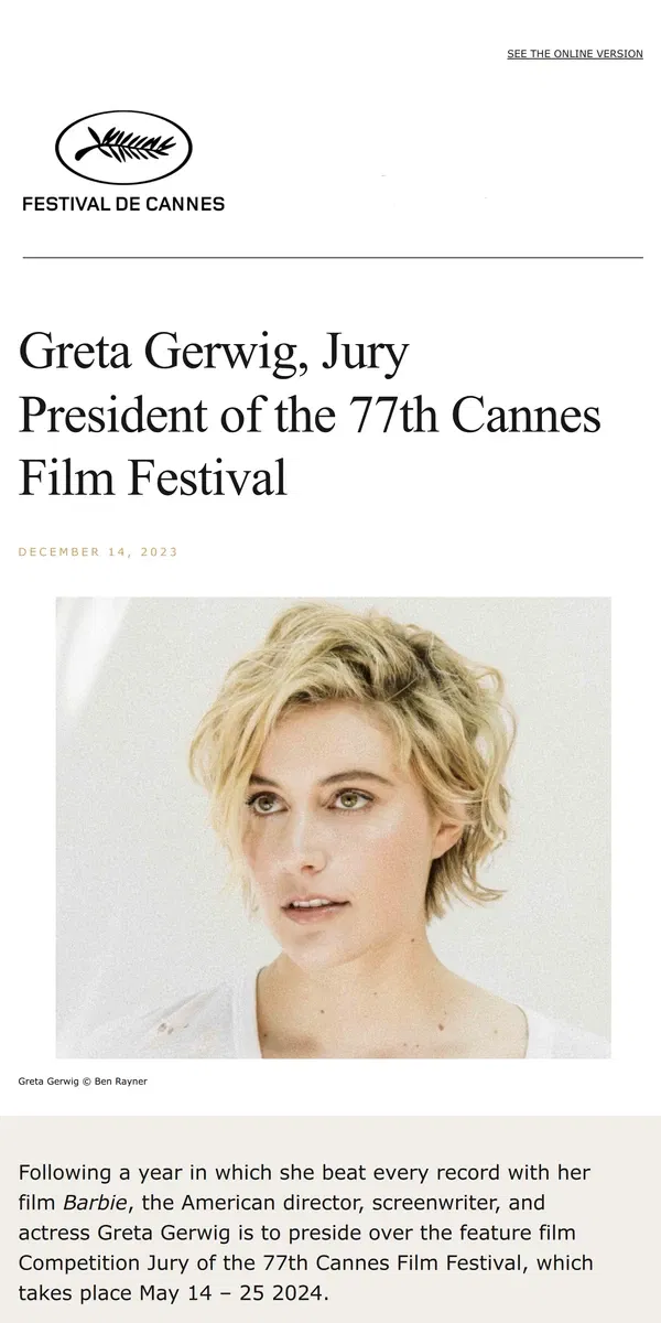 Email from Festival de Cannes. Greta Gerwig, Jury President of the 77th Cannes Film Festival