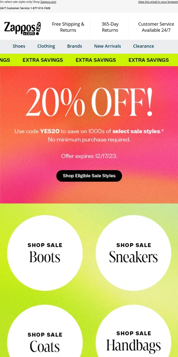 Email from Zappos. Last Chance: EXTRA 20% OFF!