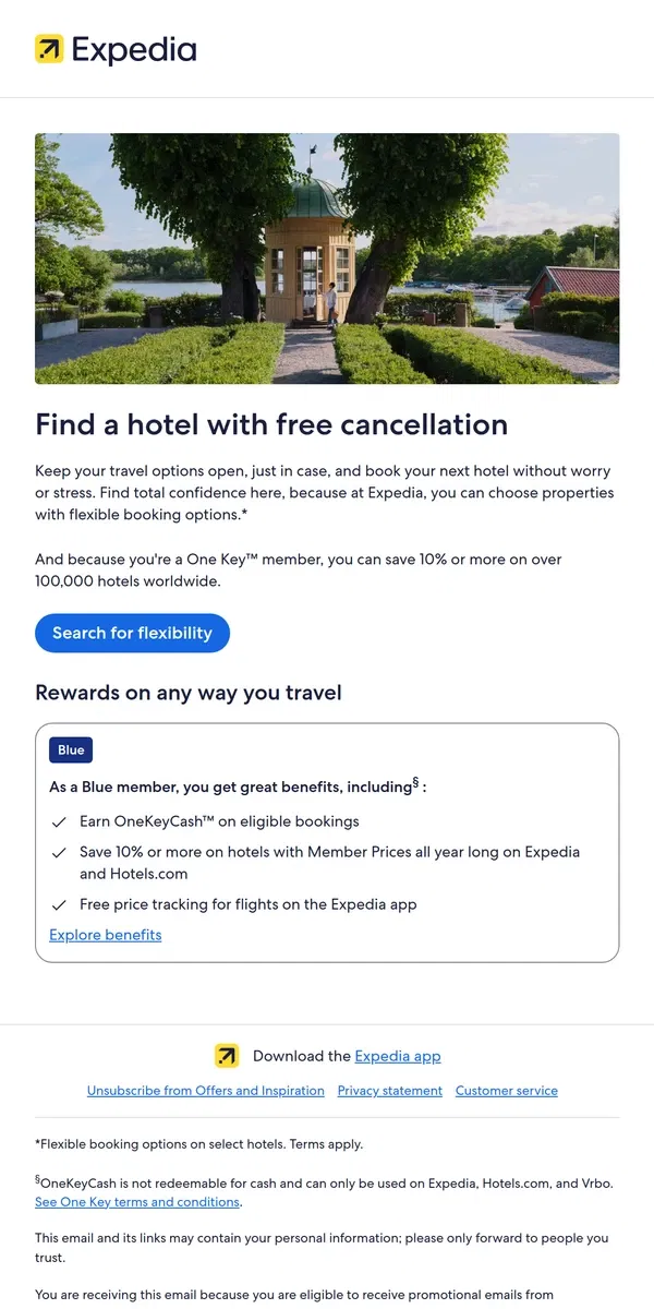 Email from Expedia. Choose a hotel with free cancellation options