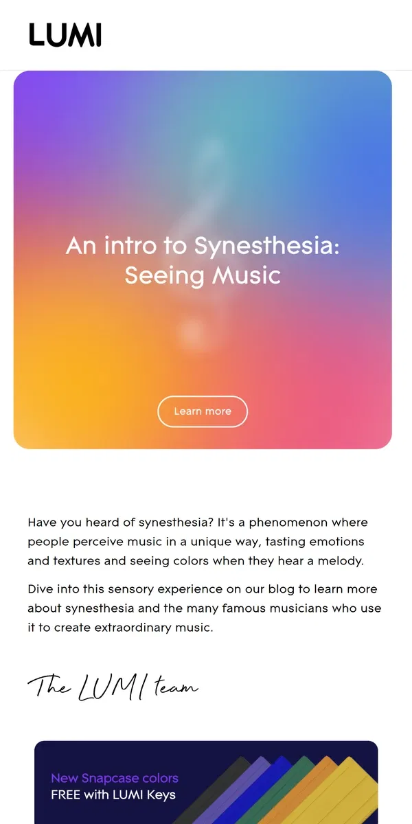 Email from LUMI. An introduction to synesthesia: Seeing music 🎶