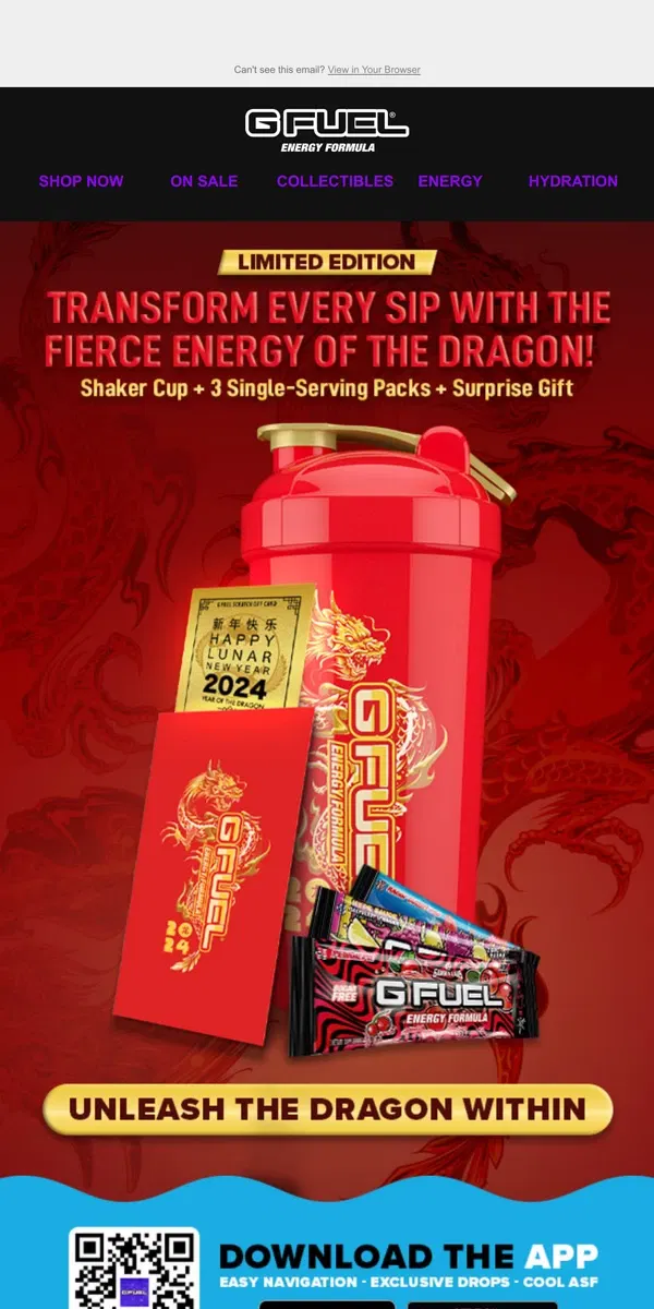 Email from G FUEL. Elevate your year with our exclusive "Year of the Dragon" Shaker Cup🐉