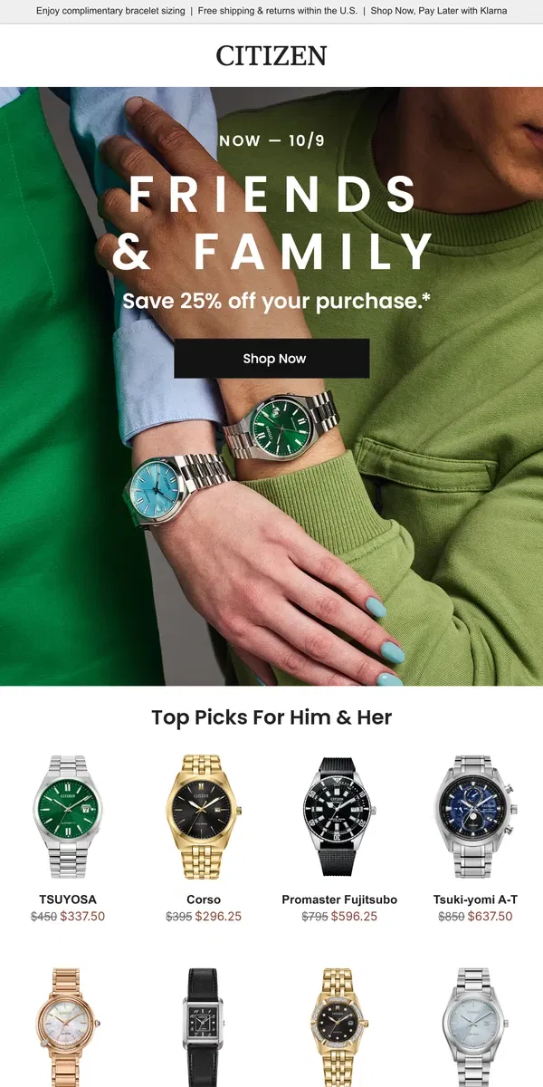 Email from Citizen Watch. Friends & Family! Save 25% off starting NOW