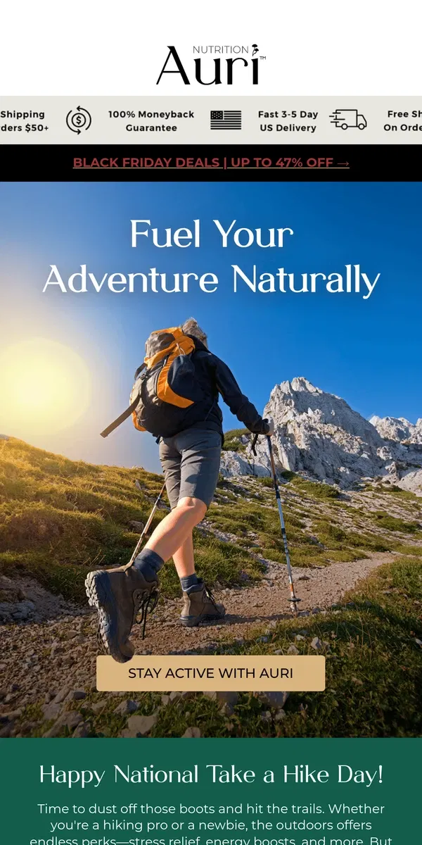 Email from Auri Nutrition. ⛰️ Hike Smarter, Not Harder