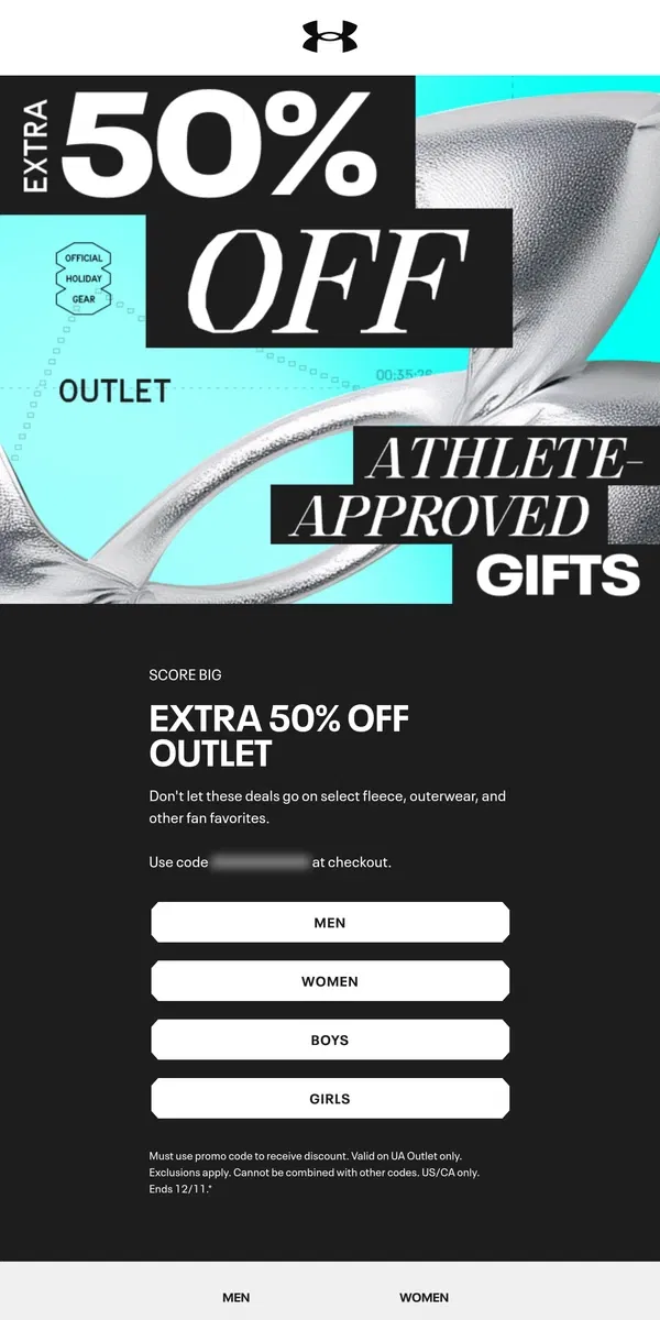 Email from Under Armour. EXTENDED: Extra 50% off UA Outlet