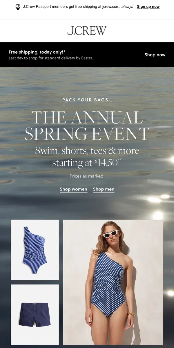 Email from J.Crew. Pack your bags: swim, shorts, tees & more from $14.50