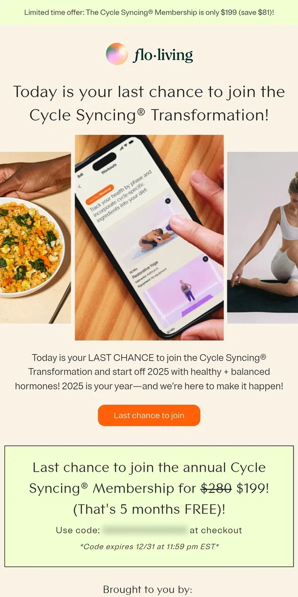 Email from FLO Living. LAST CHANCE to join the Cycle Syncing® Transformation! 🎉