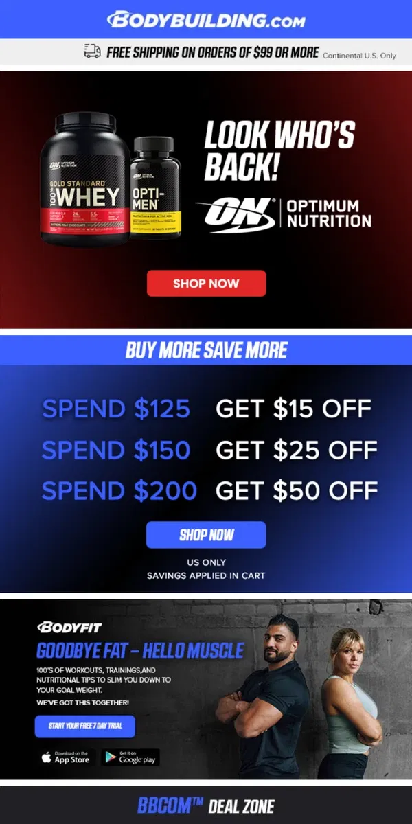 Email from Bodybuilding.com. BACK in STOCK: Optimum Nutrition, Isopure, BSN! + Test Booster 🔥 HOT Buys!