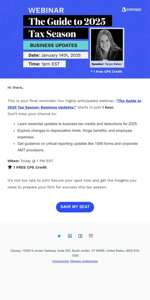 Email from Canopy. [Last Chance] 2025 Guide To Business Taxes Starts in 1 Hour!