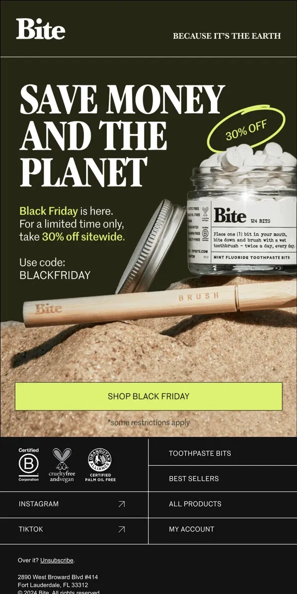 Email from Bite Toothpaste Bits. 30% OFF