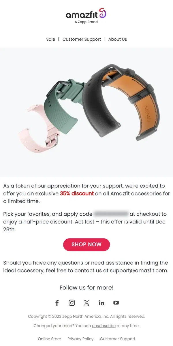 Email from Amazfit. Limited-Time Exclusive: Grab 35% Off on All Amazfit Accessories!